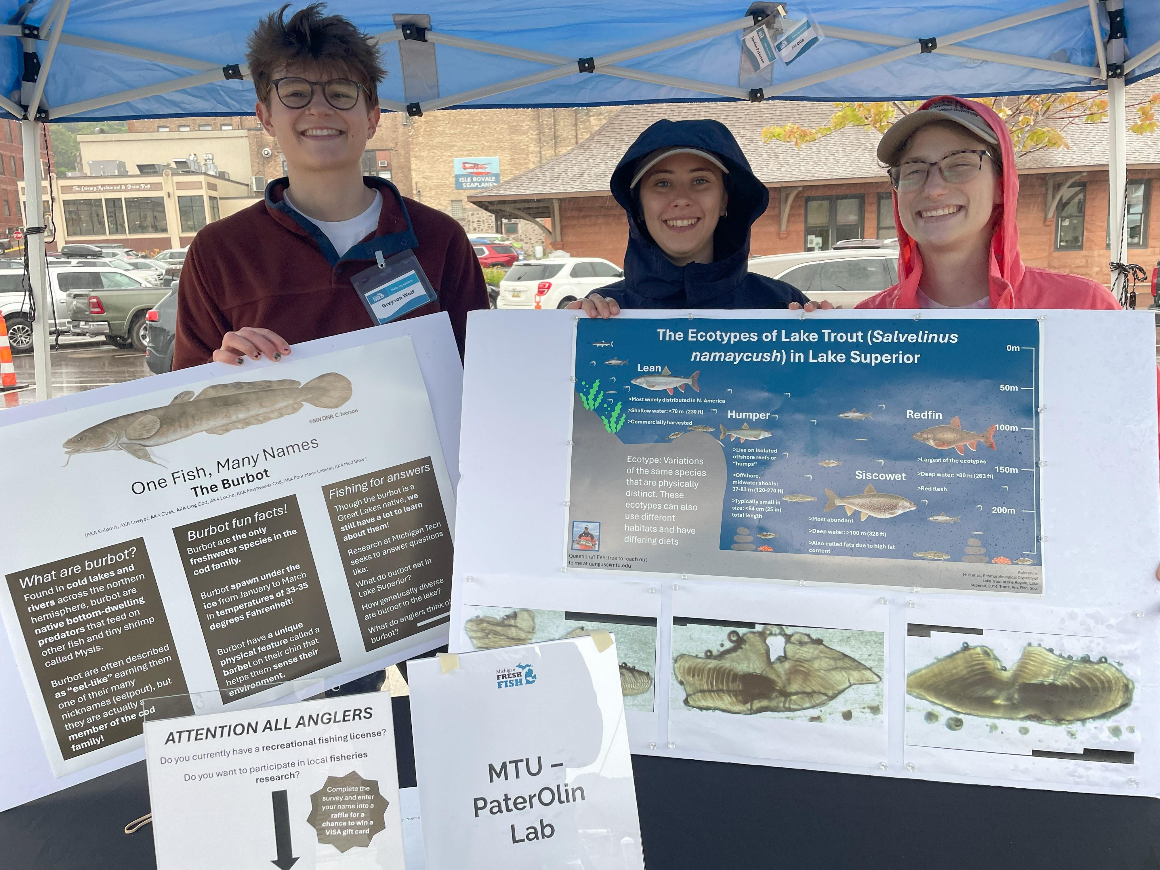 Graduate students from MTU’s PaterOlin lab show posters of their research on Lake Superior fishes.